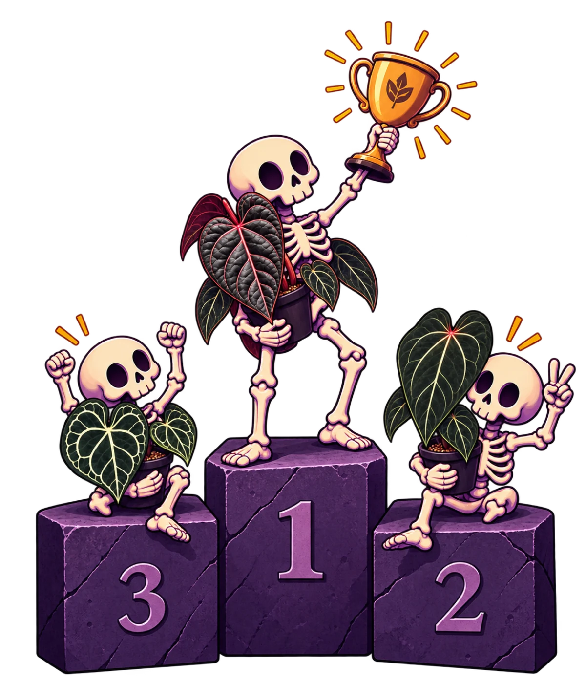 Three skeletons on a winners' podium holding dark-leaved plants and a trophy
